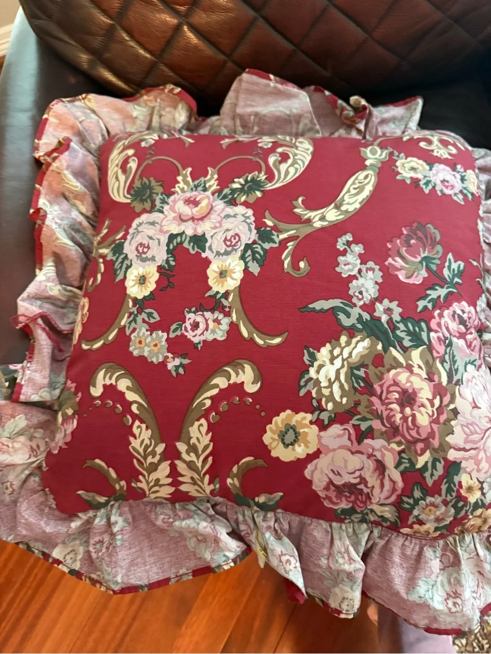 Ralph Lauren Accent Pillows 16x16 + 3 In Ruffle Marseilles Danielle Red Pair (2)